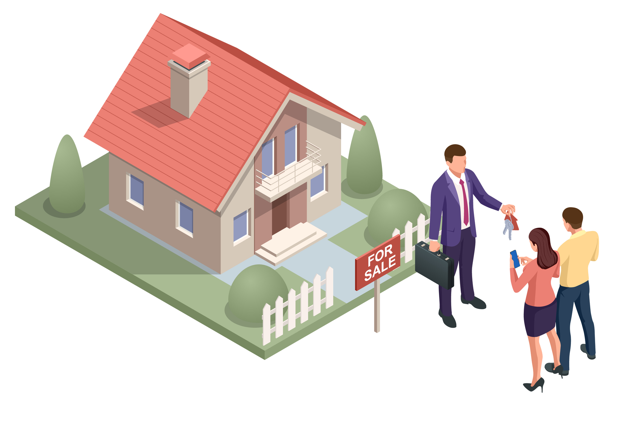 Isometric real estate agent with house model and keys. Buying, selling or renting real estate